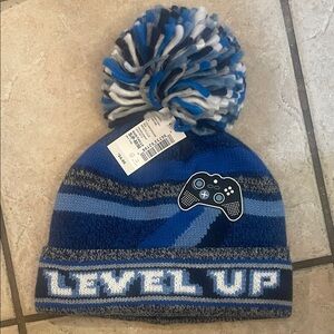Kids’ The Children’s Place Blue 'Level Up' Pom-Pom Beanie NWT S-M (4-7 yrs)